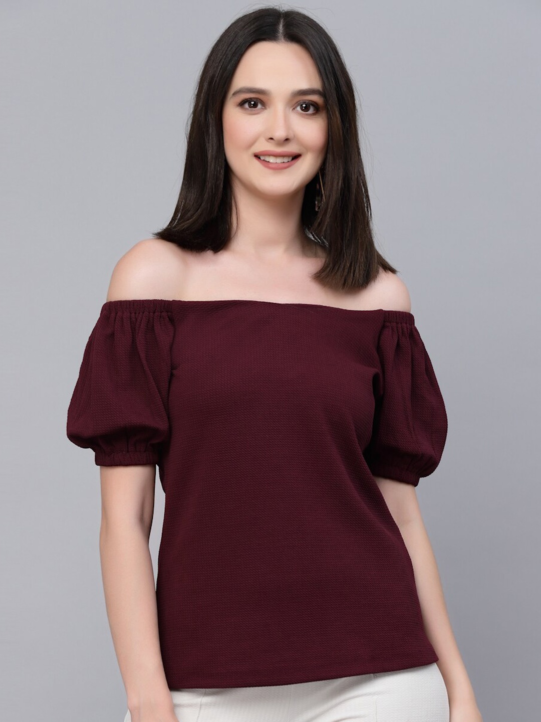 

Style Quotient Maroon Off-Shoulder Puff Sleeve Regular Top