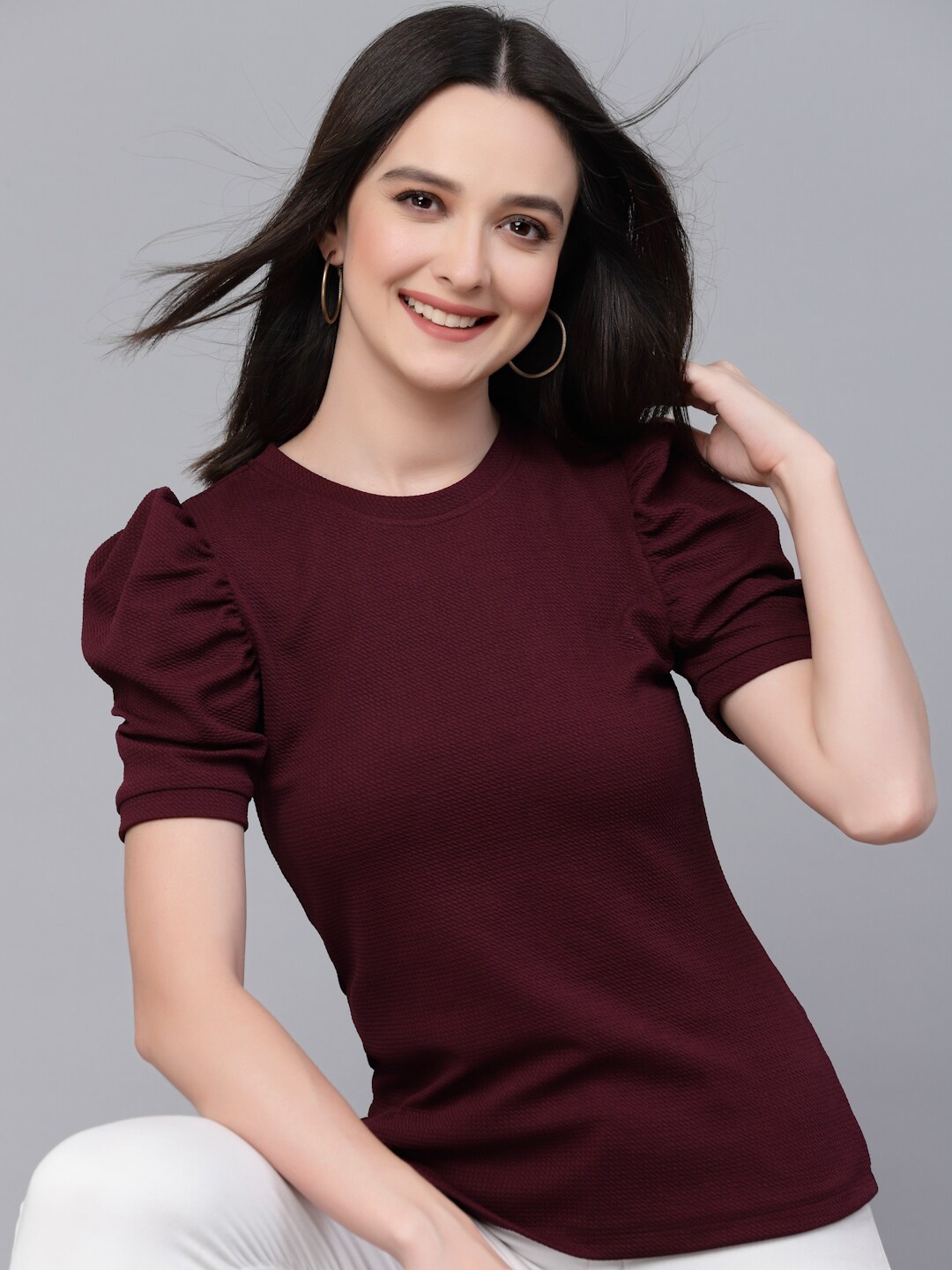 

Style Quotient Maroon Round Neck Puff Sleeves Top