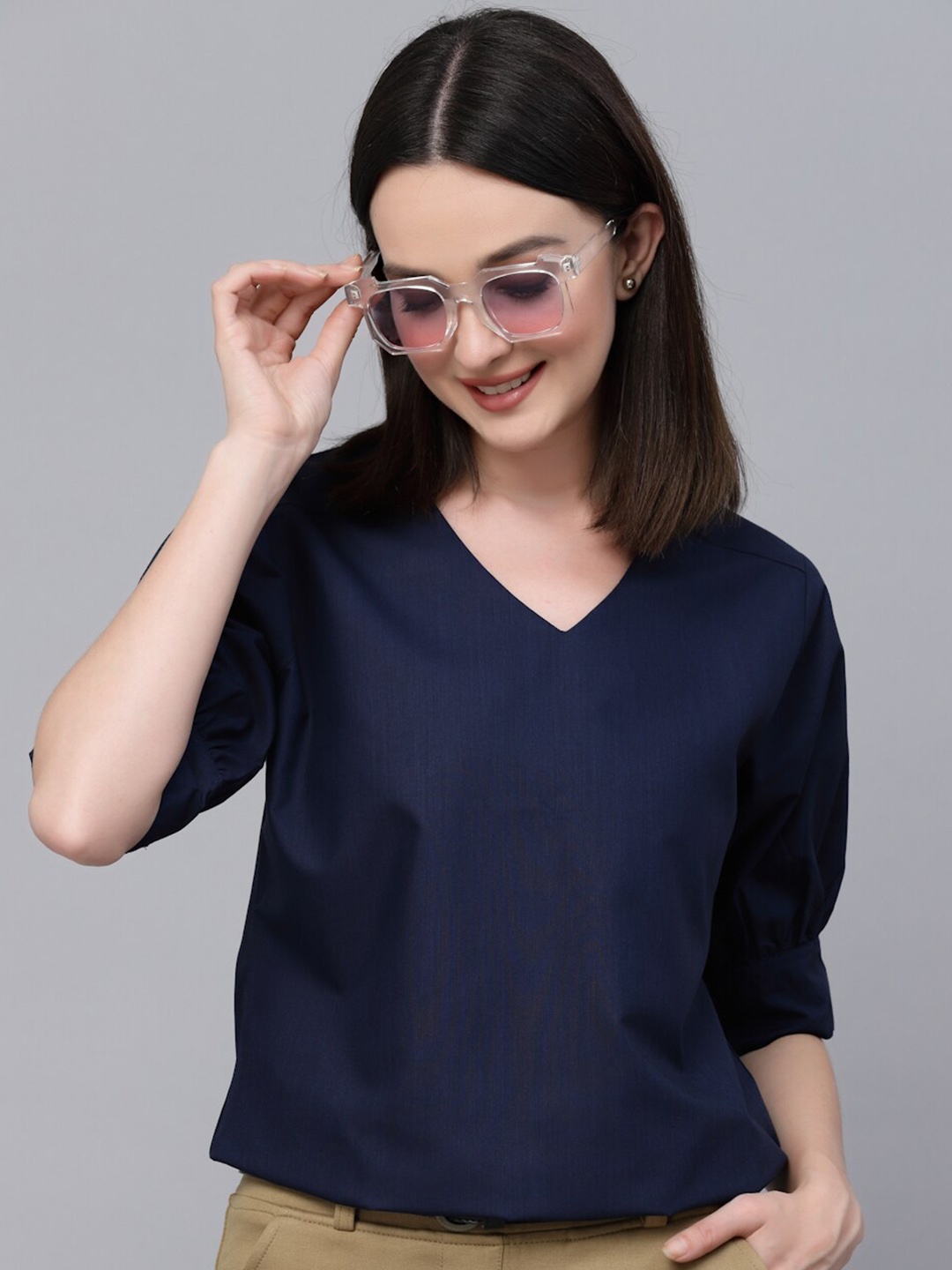 

Style Quotient V-Neck Cuffed Sleeves Cotton Top, Navy blue