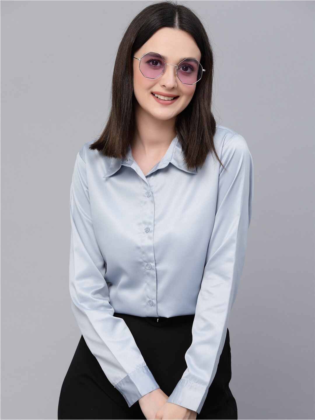 

Style Quotient Satin Finish Spread Collar Formal Shirt, Grey