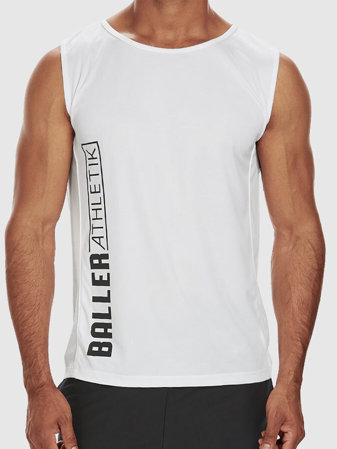 

Baller Athletik Typography Printed Sleeveless Training Or Gym Sports T-shirt, White