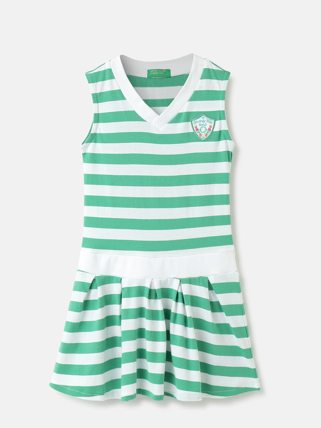 

United Colors of Benetton Girls Striped V-Neck Cotton Drop-Waist Dress, White
