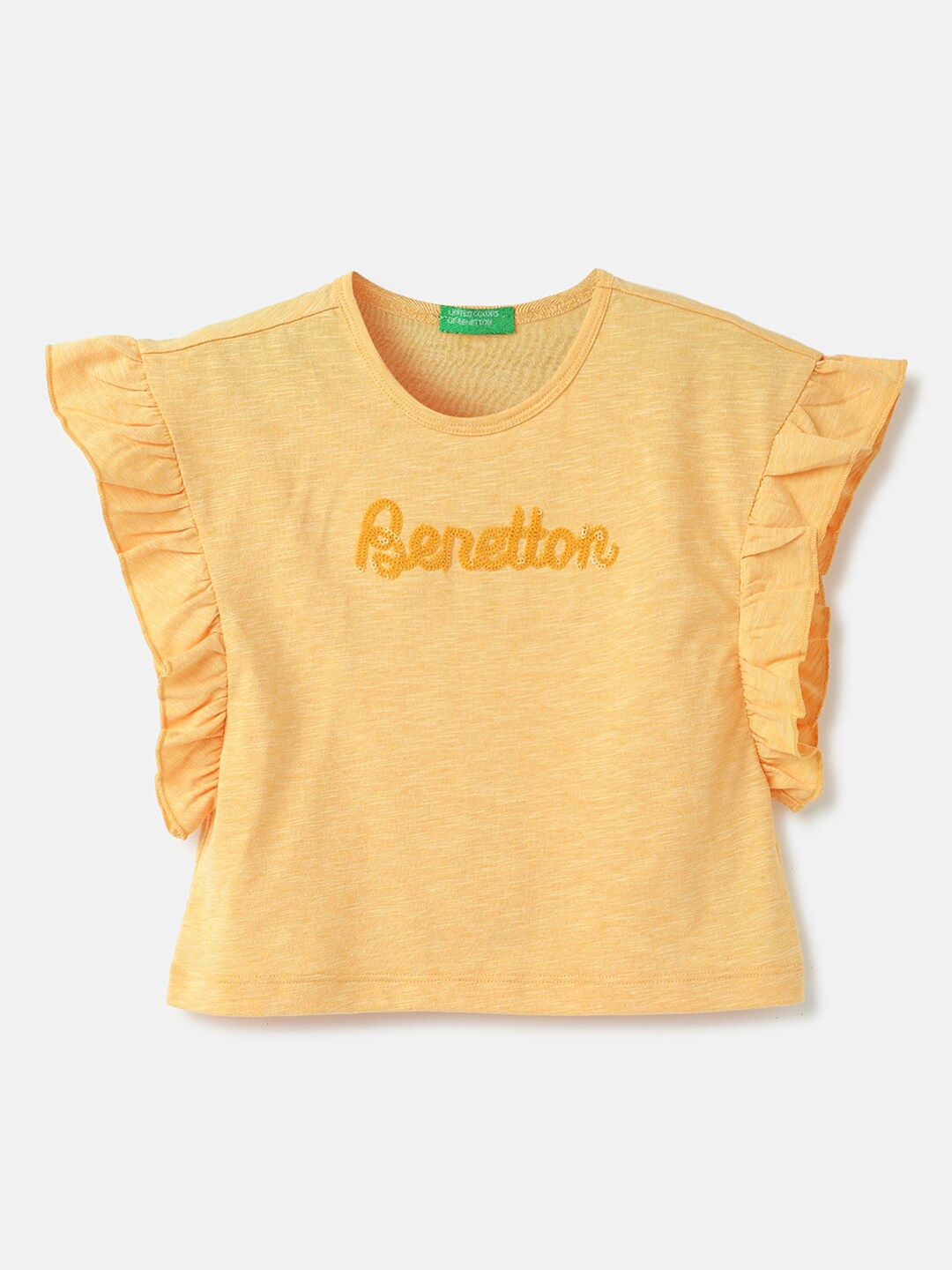 

United Colors of Benetton Girls Round Neck Flutter Sleeves Regular Top, Orange
