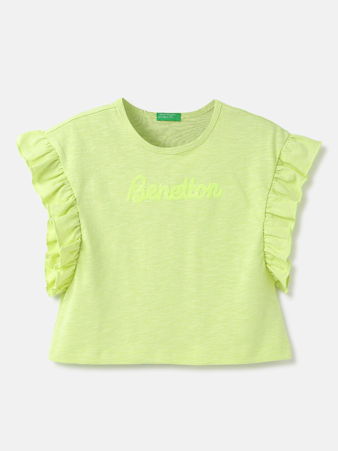 

United Colors of Benetton Girls Sequined Flutter Sleeve Top, Green