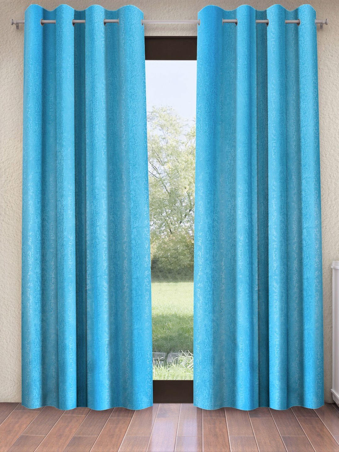 

Home Sizzler Turquoise Blue 2 Pieces Self Design Black Out Window Curtains