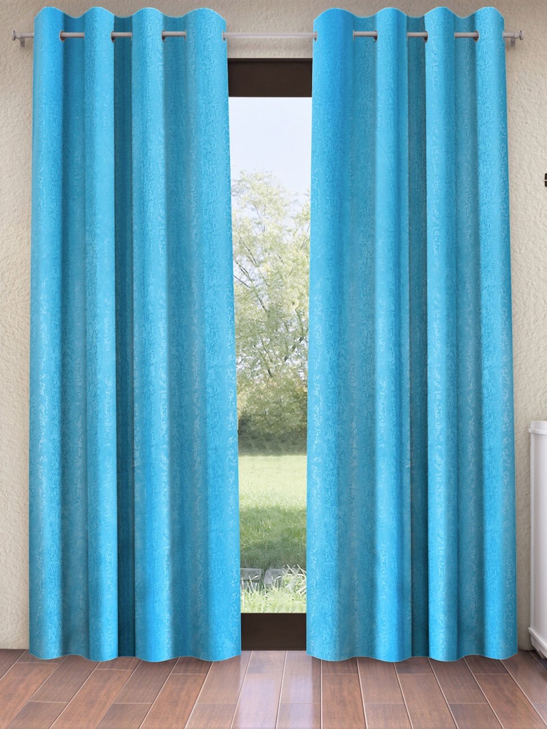 

Home Sizzler Turquoise Blue 2 Pieces Self Design Black Out Door Curtains