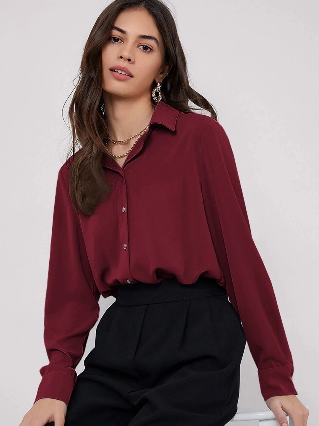 

FNOCKS Spread Collar Long Sleeves Classic Cotton Casual Shirt, Maroon