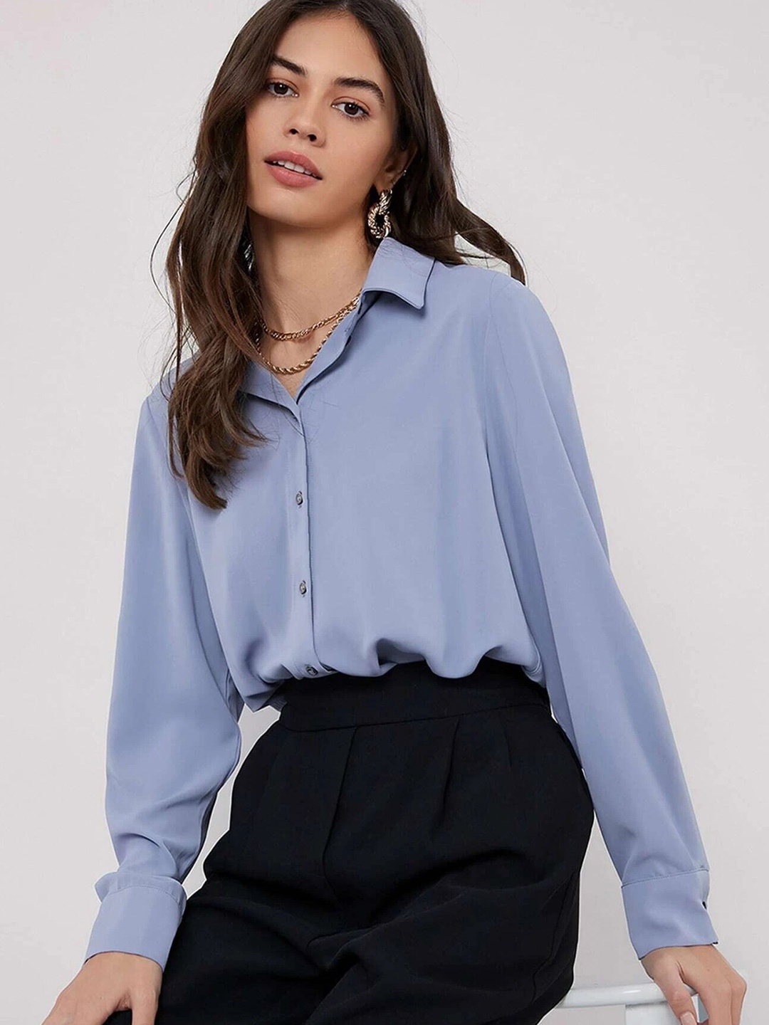 

FNOCKS Spread Collar Long Sleeves Classic Cotton Casual Shirt, Blue