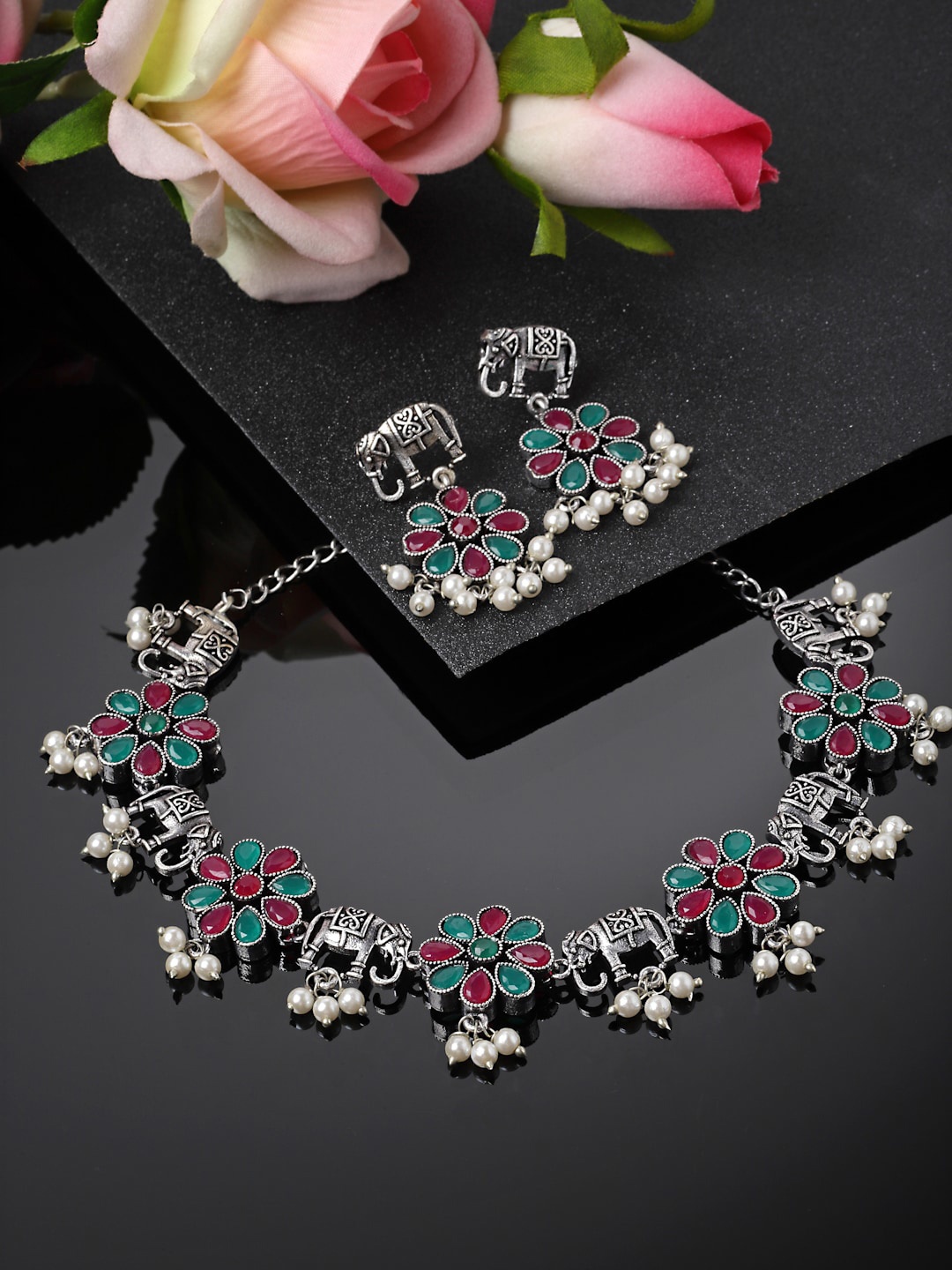 

PANASH Silver-Plated Stone-Studded & Beaded Elephant Shaped Jewellery Set