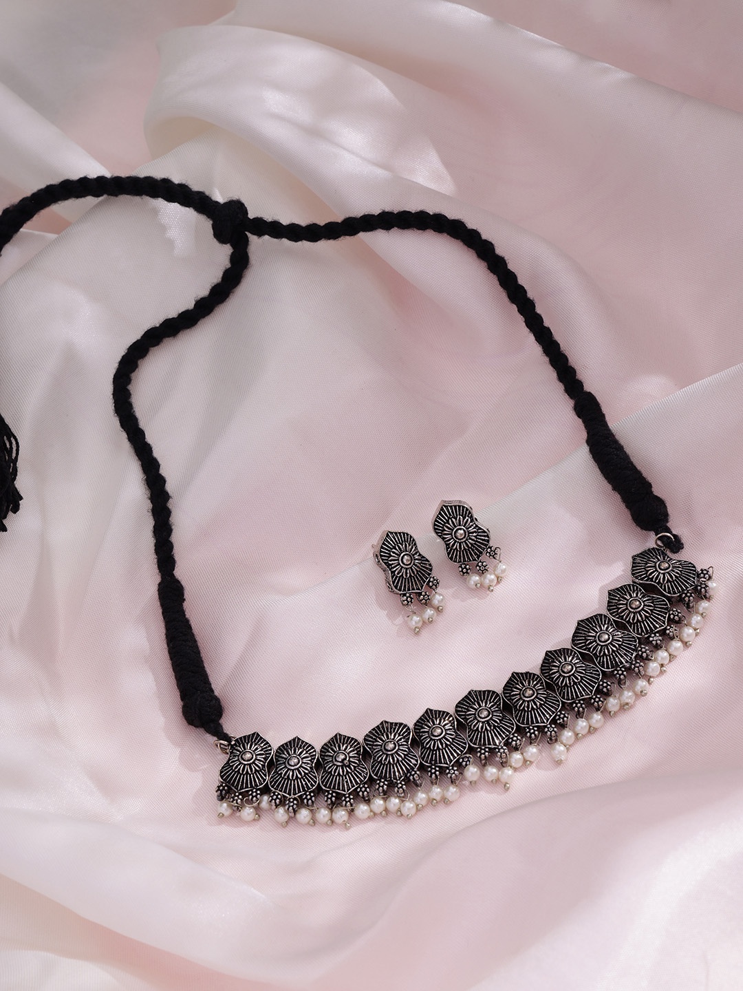 

PANASH Silver-Plated Oxidised Beaded Jewellery Set