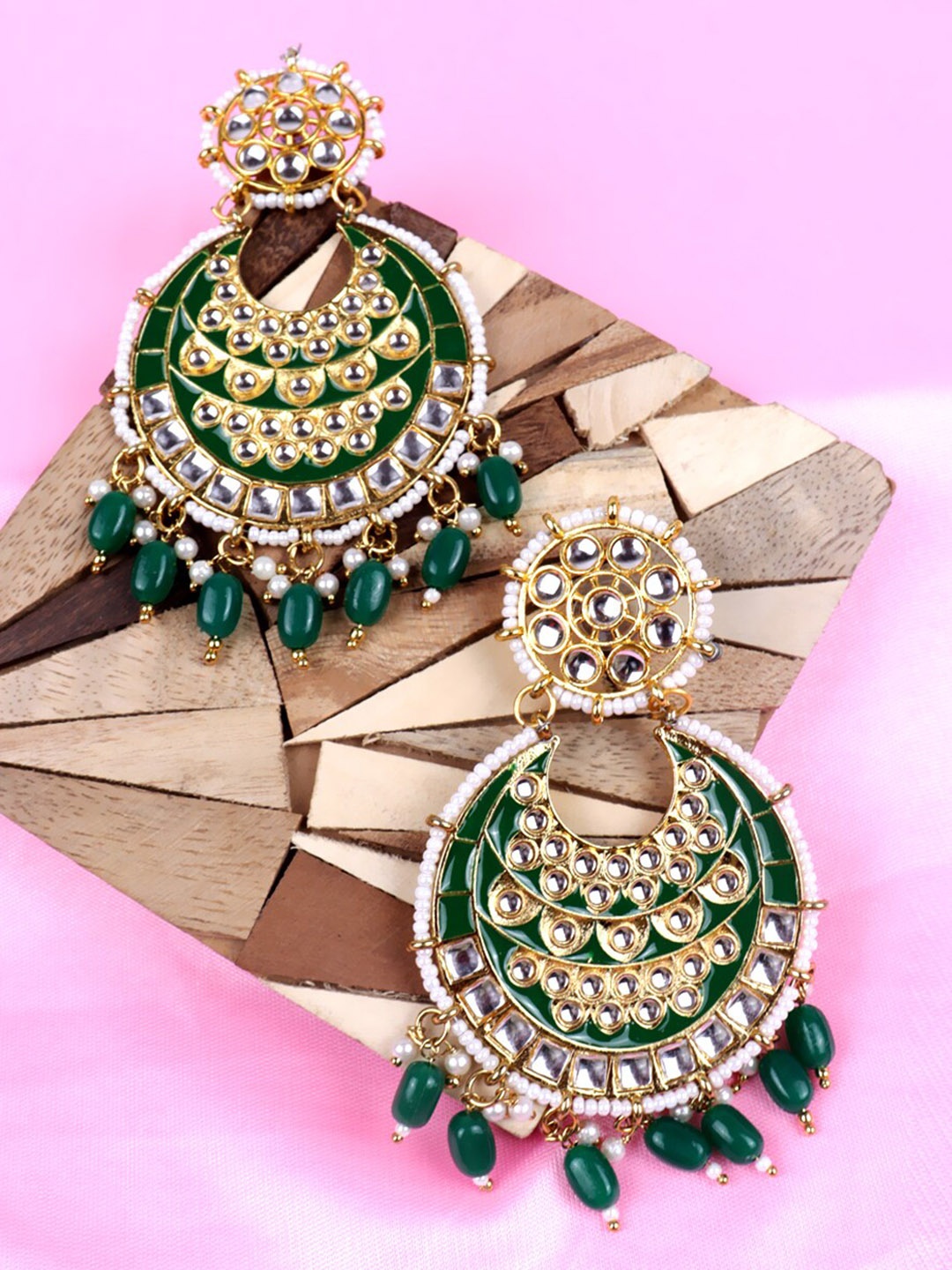 

Krelin Crescent Shaped Kundan Artificial Stones & Beads Studded Chandbalis Earrings, Green