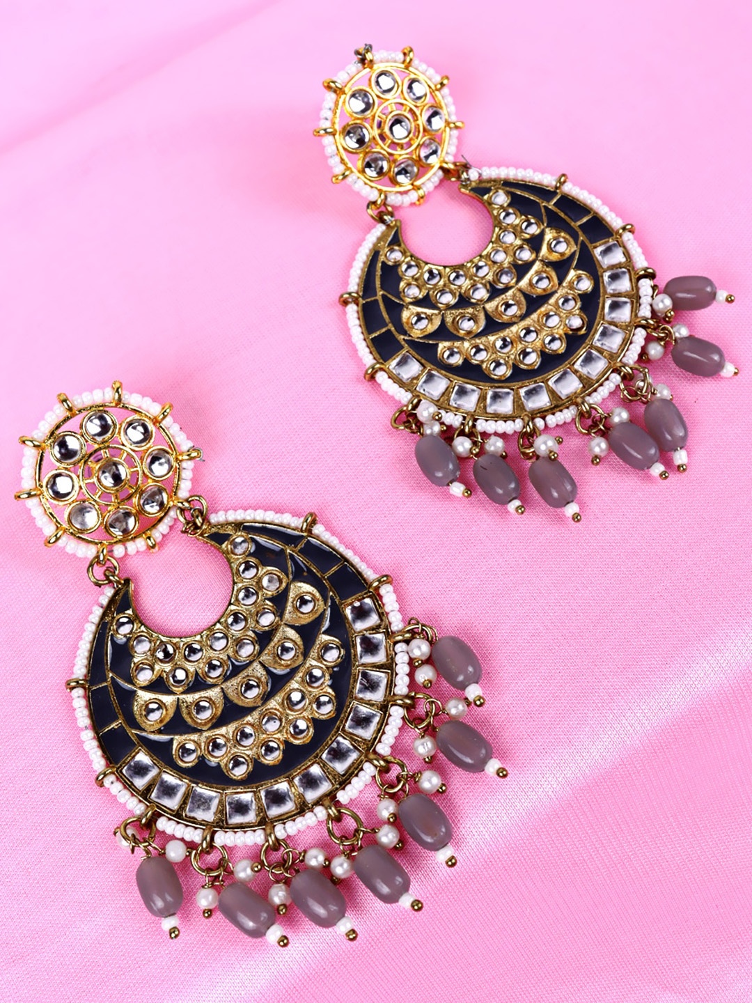 

Krelin Crescent Shaped Kundan Artificial Stones & Beads Studded Chandbalis Earrings, Charcoal