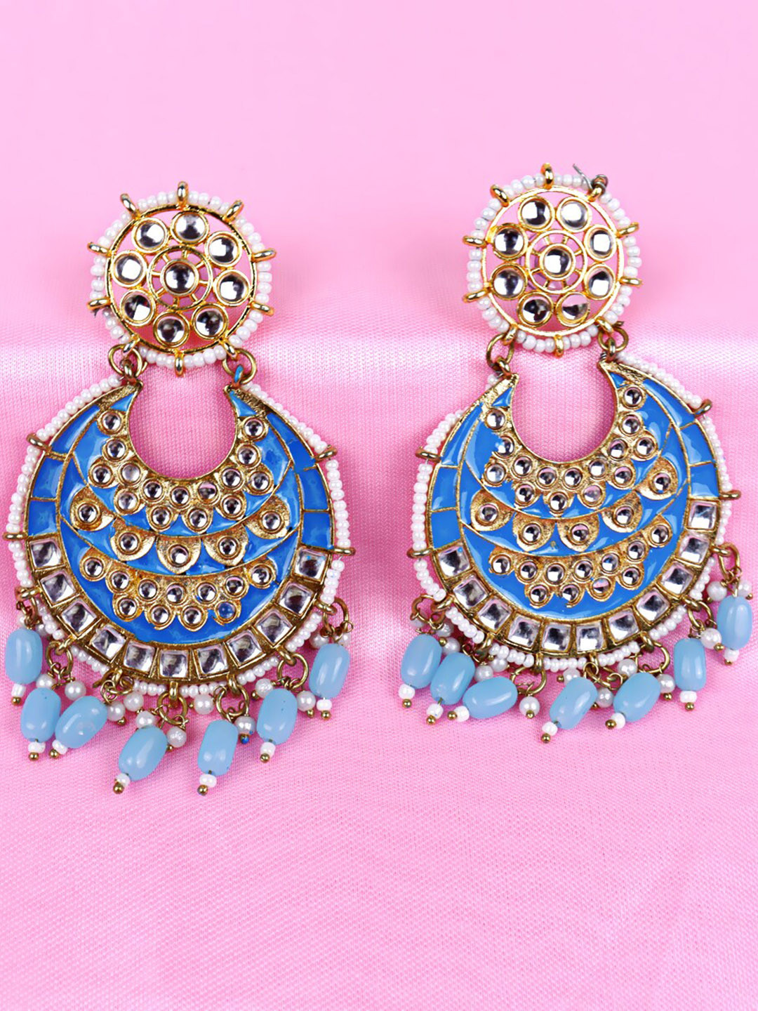 

Krelin Crescent Shaped Kundan & Artificial Stones & Beads Studded Chandbalis Earrings, Blue