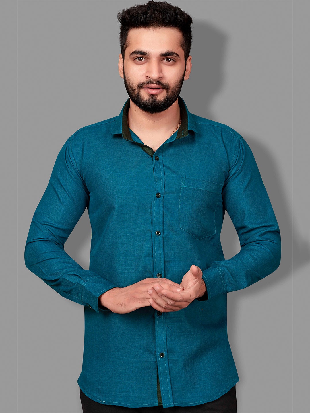 

Indian Fashionista Spread Collar Pure Cotton Formal Shirt, Turquoise blue