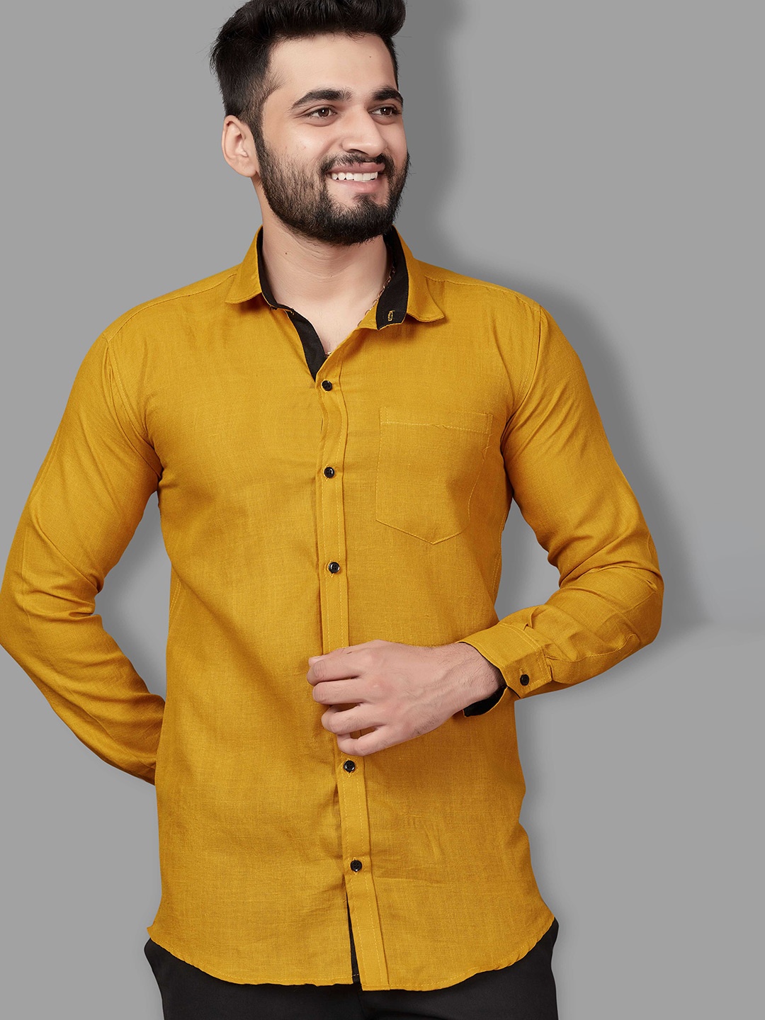 

Indian Fashionista Spread Collar Slim Fit Pure Cotton Shirt, Mustard