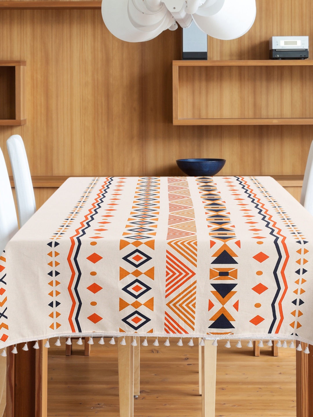 

URBAN SPACE Orange & White Printed Cotton 6-Seater Table Cover