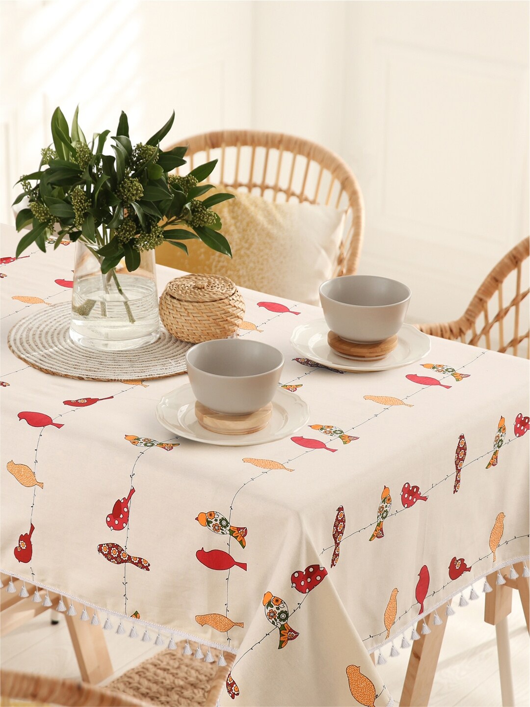

URBAN SPACE Cream Coloured & Red Printed Pure Cotton Square Table Cover