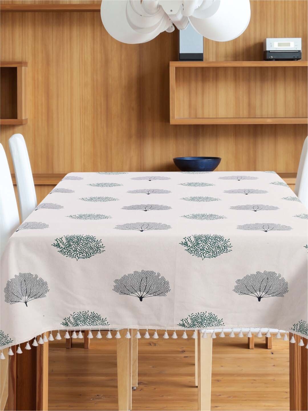 

URBAN SPACE White & Green Printed Pure Cotton 4-Seater Table Cover