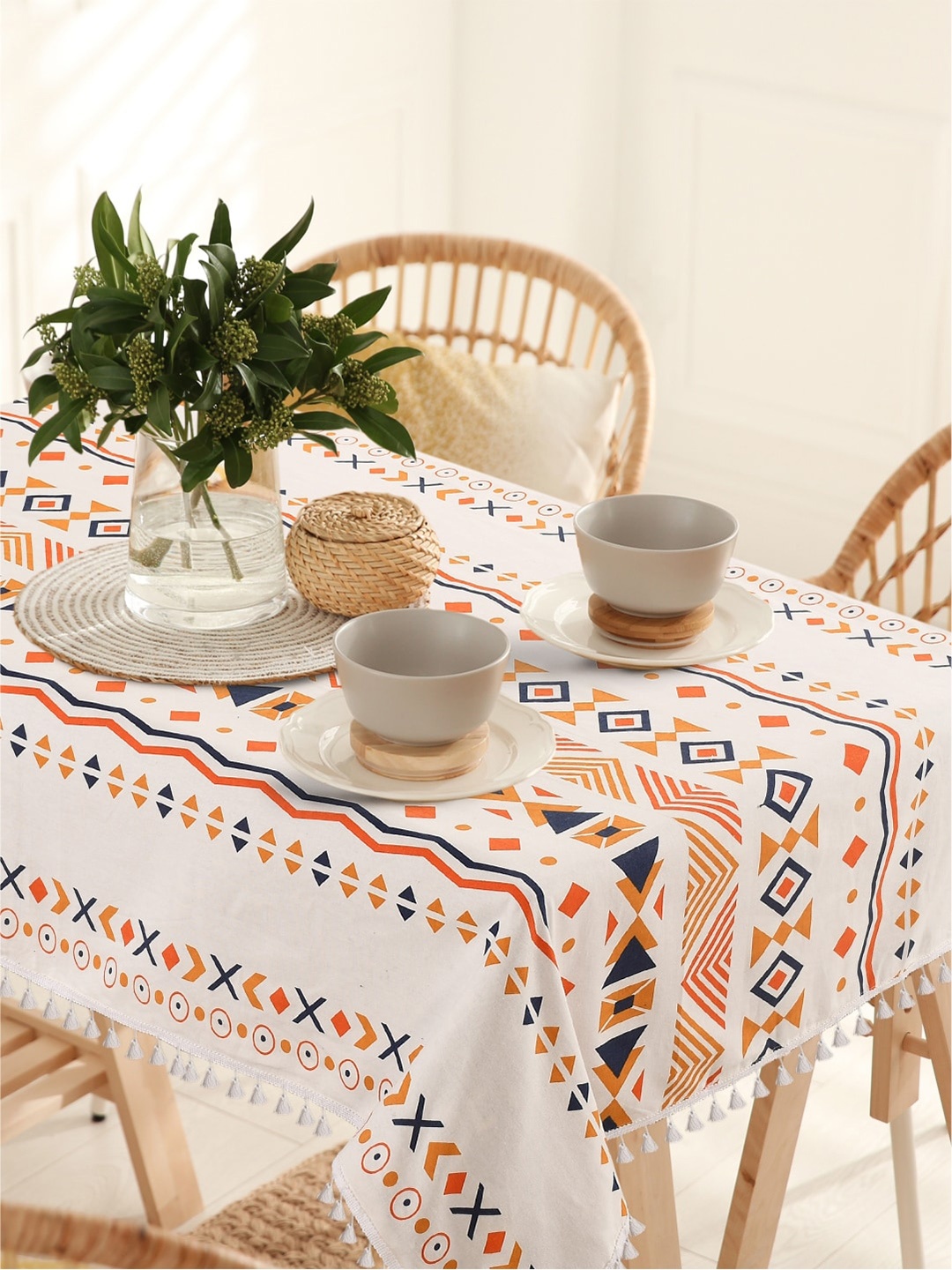 

URBAN SPACE Mustard-Yellow Printed Square Cotton 4-Seater Table Cover, Orange