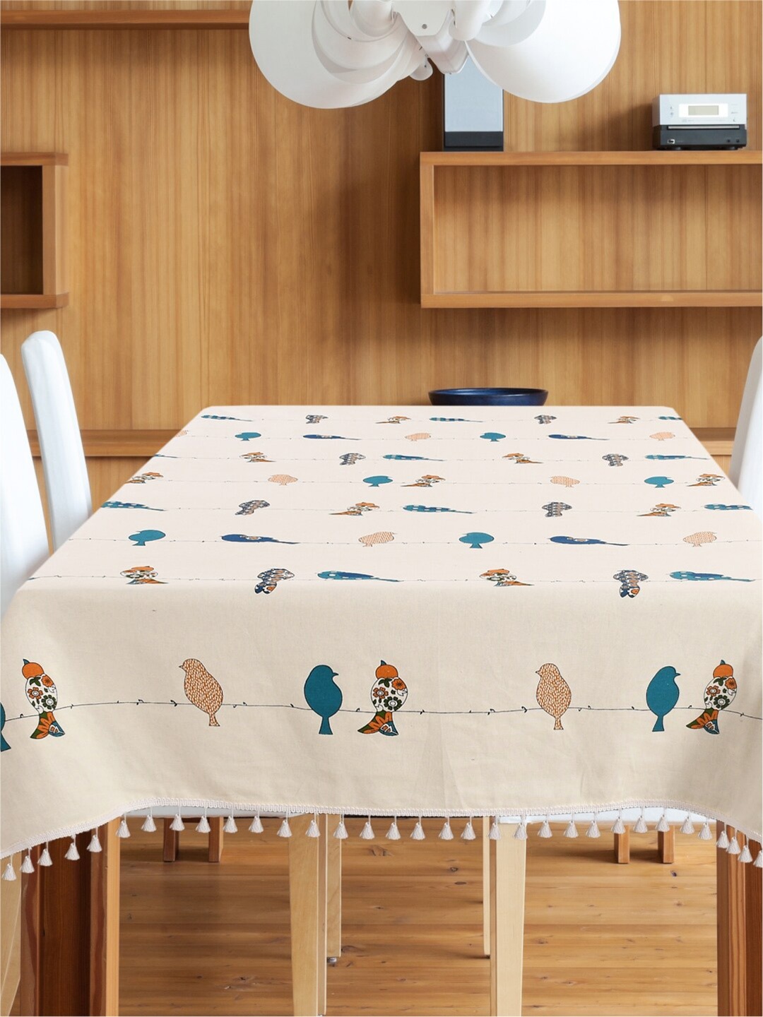 

URBAN SPACE Off-White & Blue Printed Pure Cotton 6-Seater Table Cover