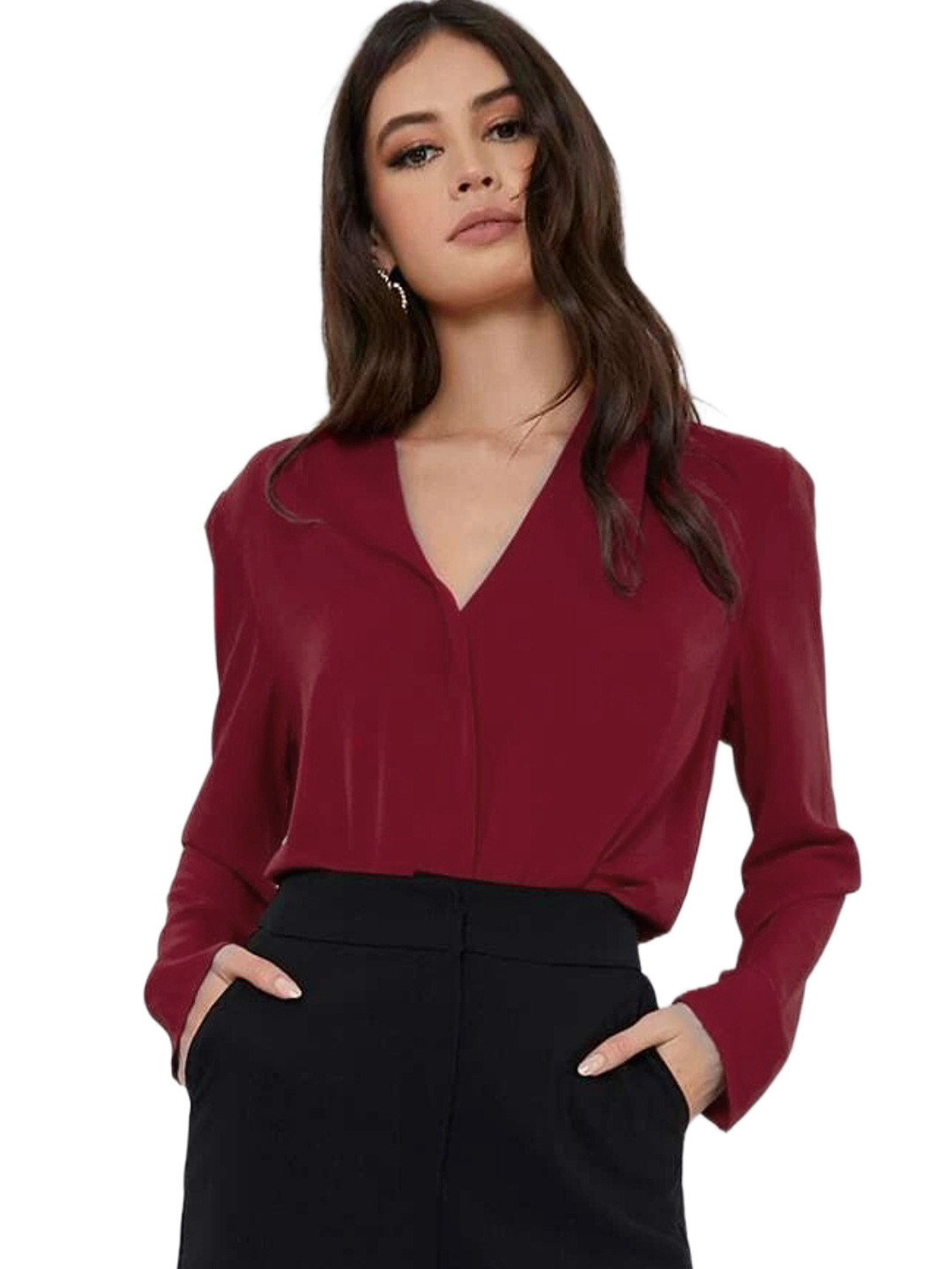 

FNOCKS V-Neck Long Sleeves Casual Top, Red