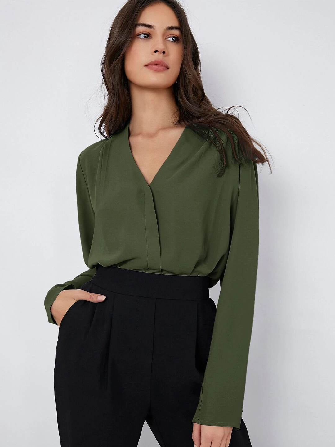 

FNOCKS V-Neck Long Sleeves Shirt Style Casual Top, Olive