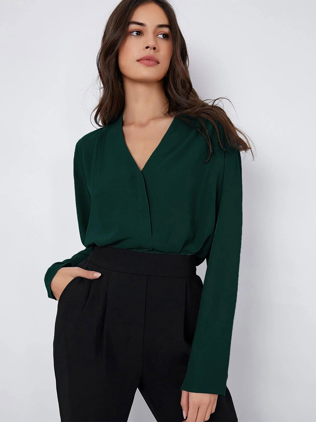 

FNOCKS V-Neck Long Sleeves Shirt Style Casual Top, Green