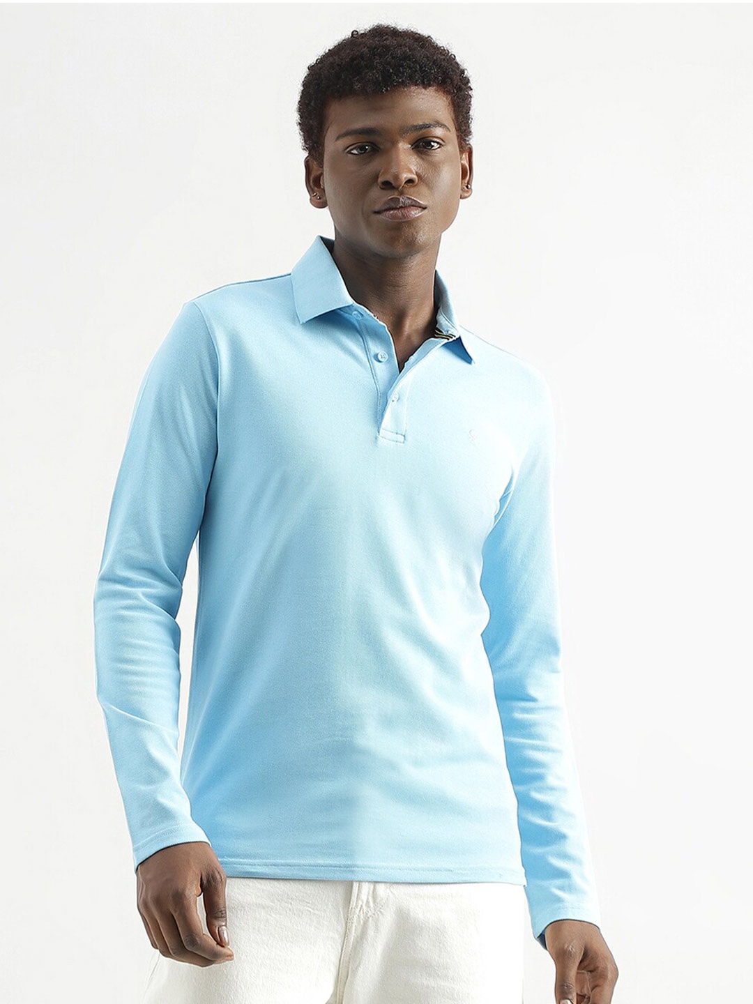 

United Colors of Benetton Long Sleeves Polo Collar Slim Fit Cotton T-shirt, Blue