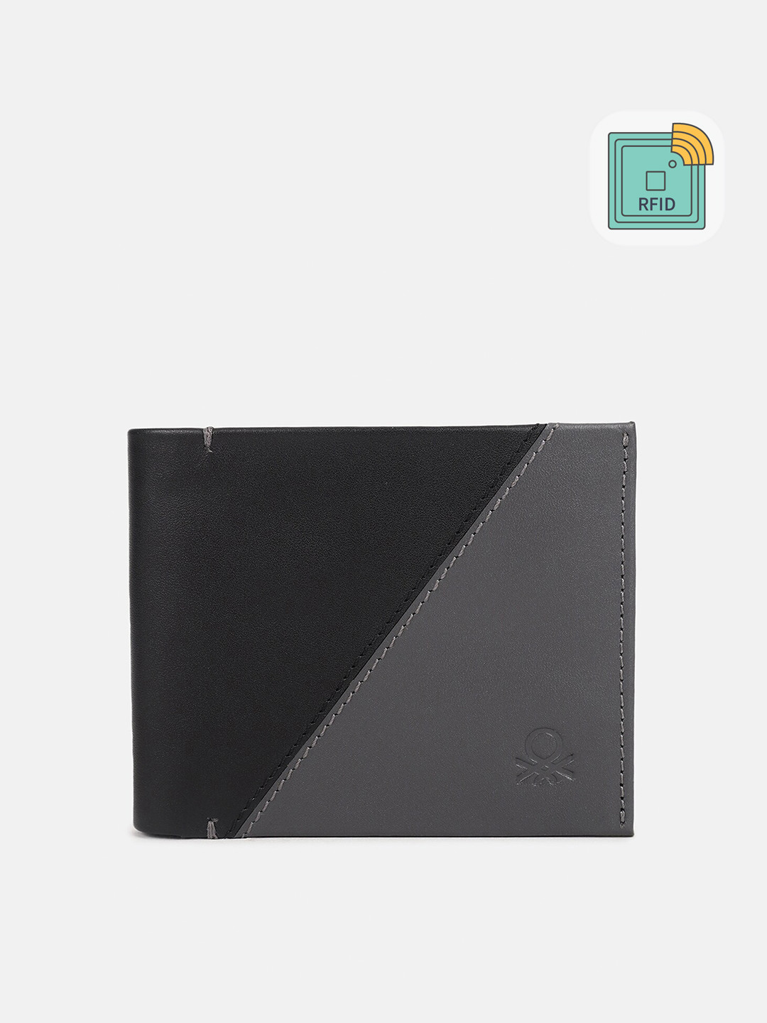 

United Colors of Benetton Men Colourblocked Leather RFID Two Fold Wallet, Black