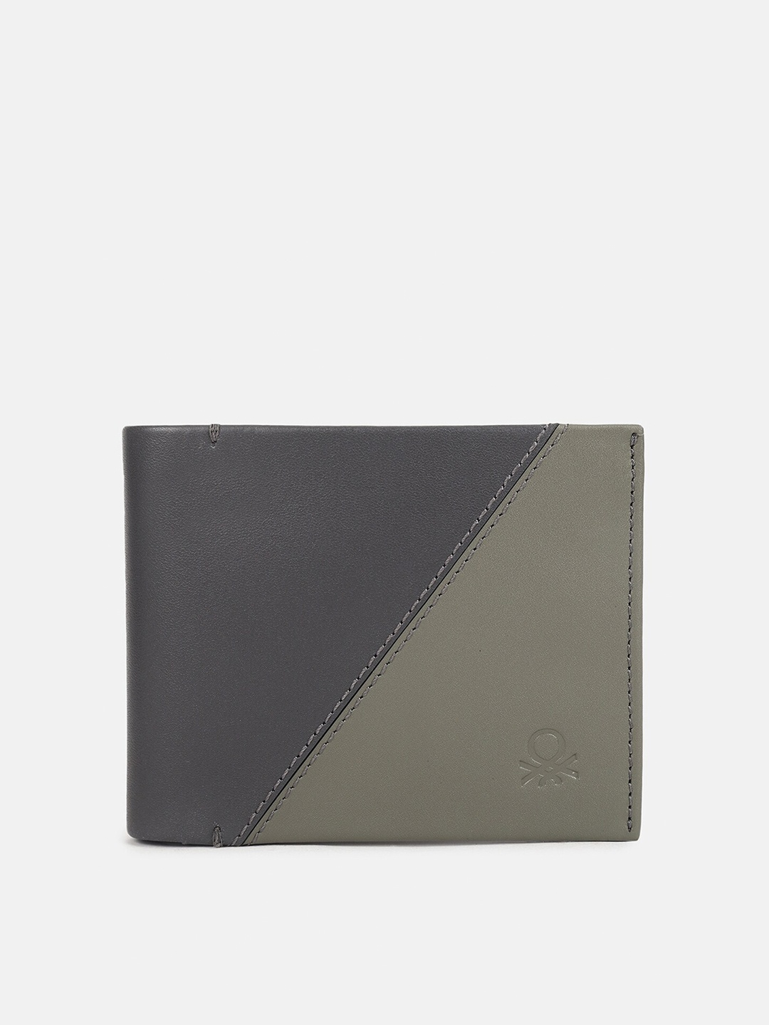 

United Colors of Benetton Men Colourblocked Leather Two Fold Wallet, Grey
