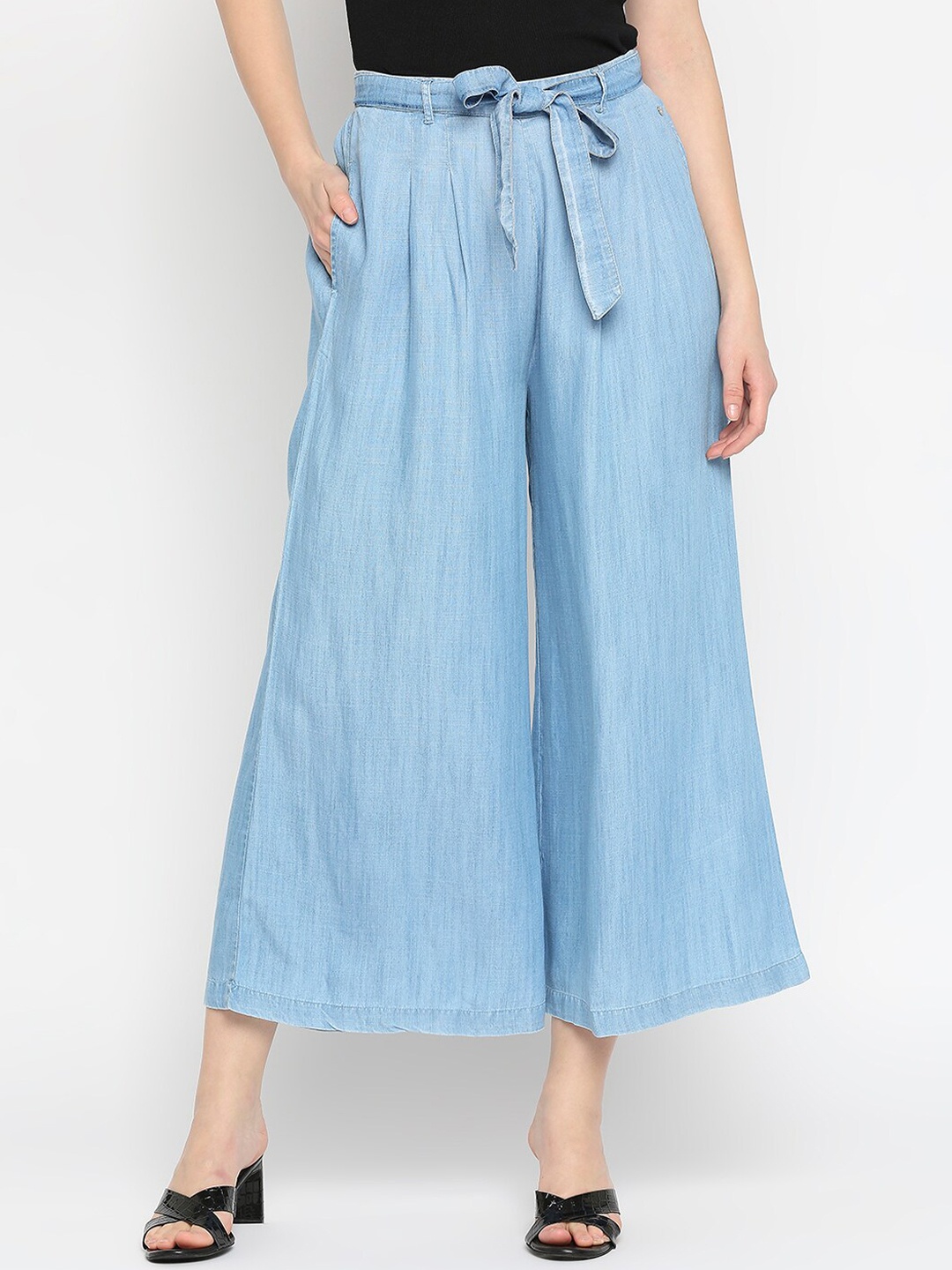 

SPYKAR Women Knitted Flared Cotton Cropped Palazzo, Blue