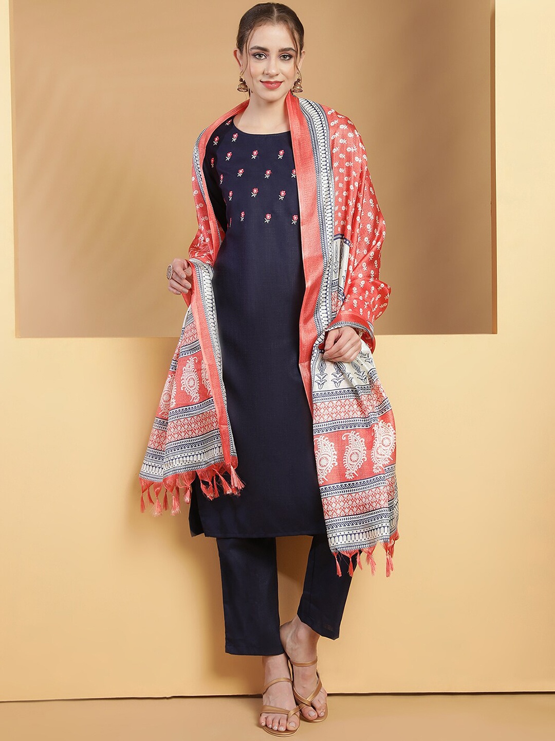 

Be Indi Floral Embroidered Kurta with Trousers & Dupatta, Navy blue