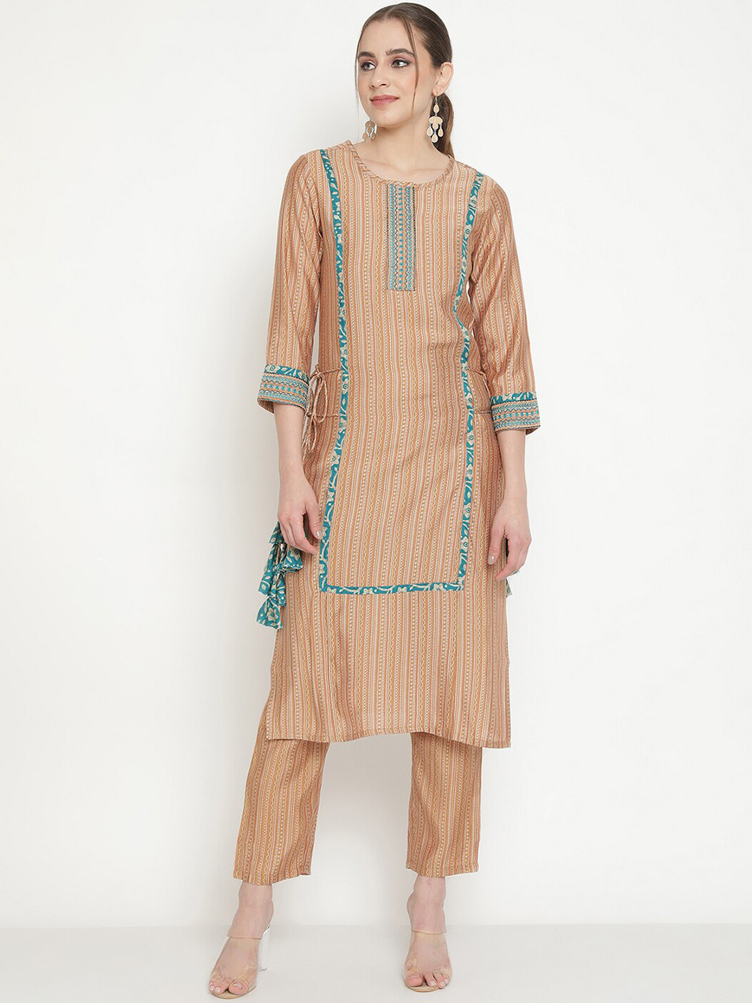 

Be Indi Women Brown Printed Regular Thread Work Kurta with Trousers
