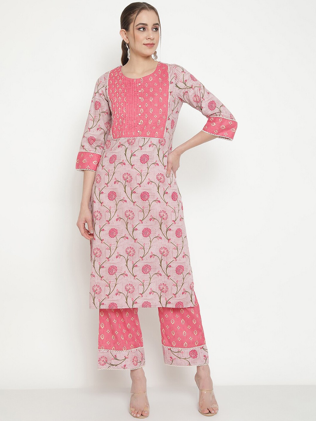 

Be Indi Floral Printed Pure Cotton Kurta with Trousers, Pink