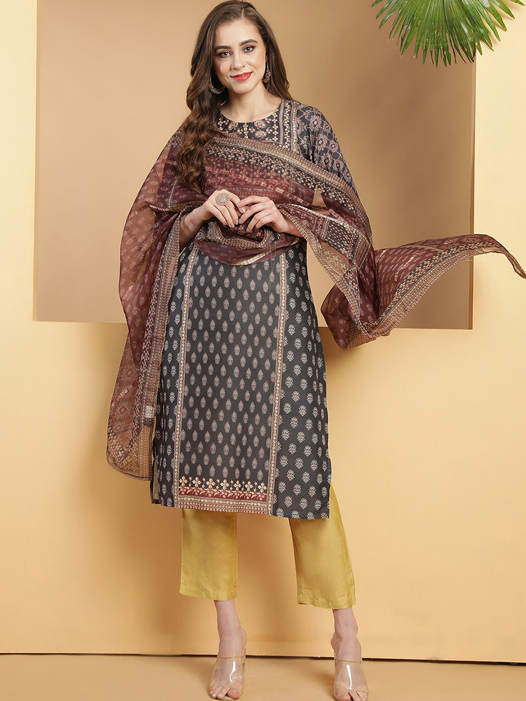 

Be Indi Ethnic Motifs Printed Sequined Kurta with Trousers & Dupatta, Black