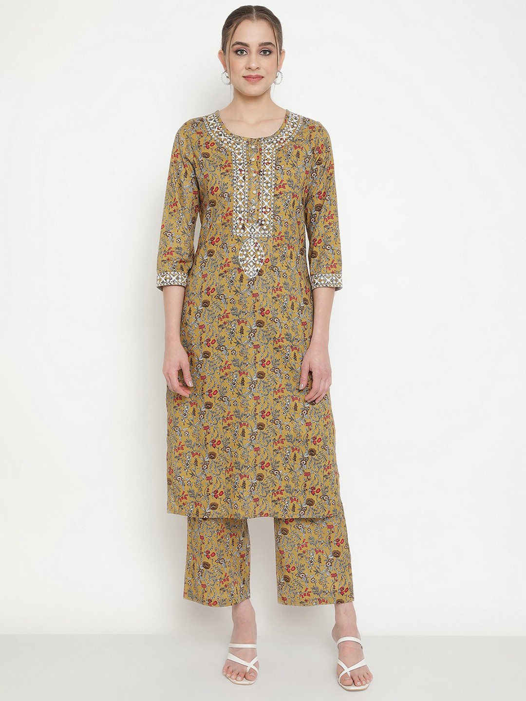 

Be Indi Women Olive Green Printed Regular Thread Work Pure Cotton Kurta with Trousers