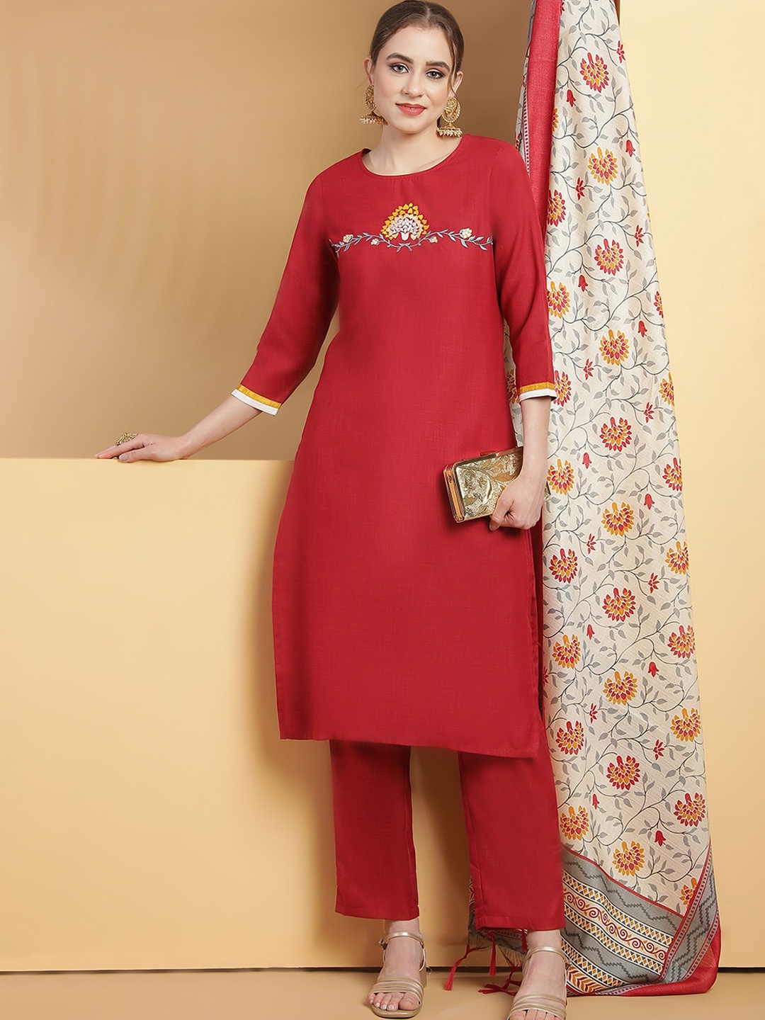 

Be Indi Floral Embroidered Kurta with Trousers & Dupatta, Maroon