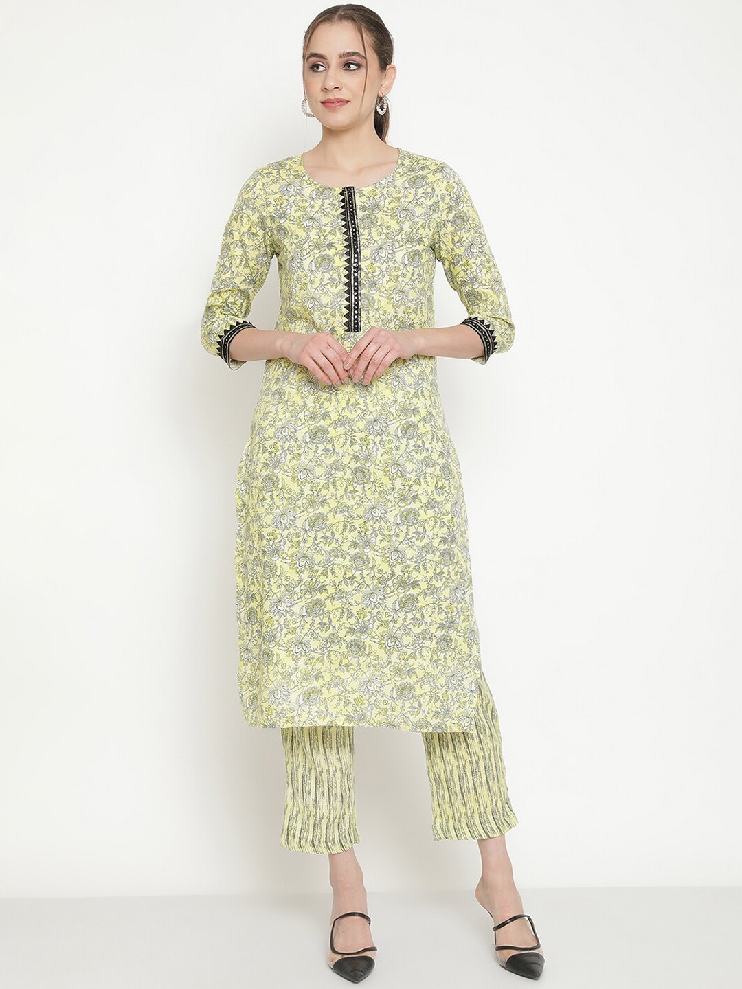 

Be Indi Floral Printed Mirror Work Kurta with Trousers, Yellow