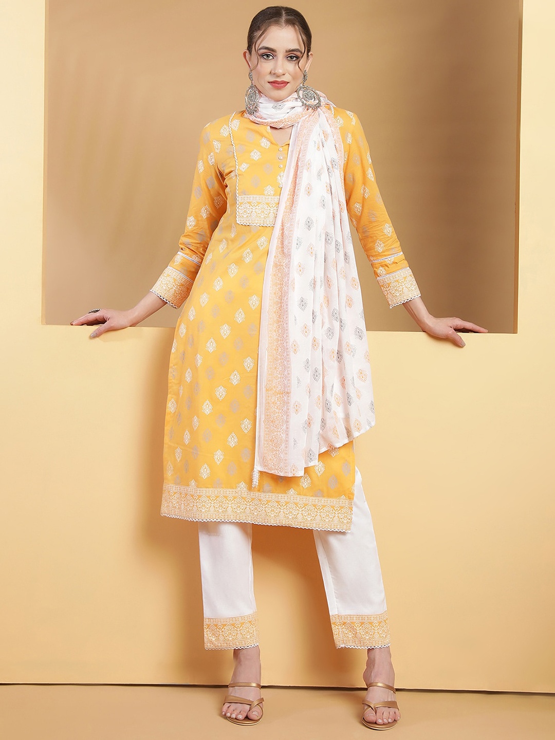 

Be Indi Ethnic Motifs Printed Pure Cotton Kurta with Trousers & Dupatta, Yellow