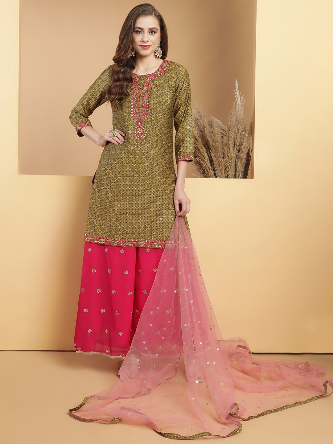 

Be Indi Ethnic Motifs Printed Thread Work Chanderi Silk Kurta with Sharara & Dupatta, Olive