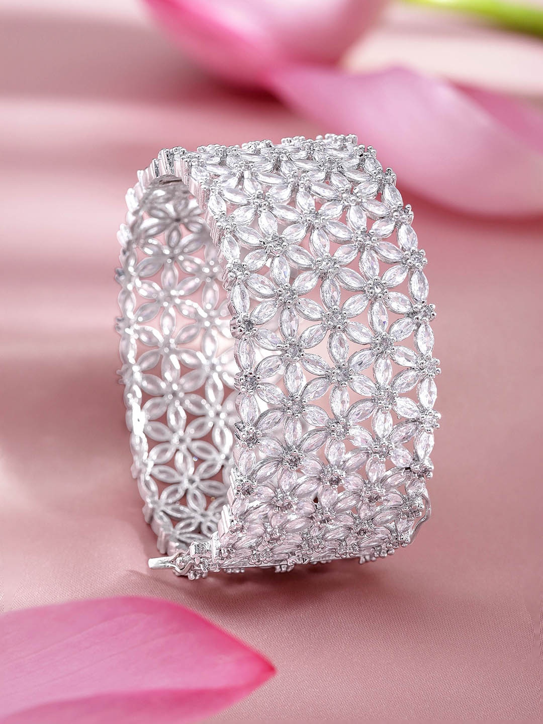 

Rubans Women Brass Cubic Zirconia Rhodium-Plated Kada Bracelet, Silver