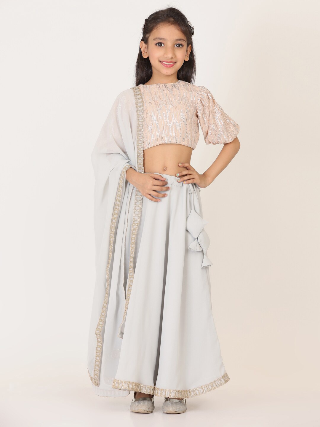 

Ethnovog Girls Embellished Ready to Wear Lehenga & Blouse With Dupatta, Peach