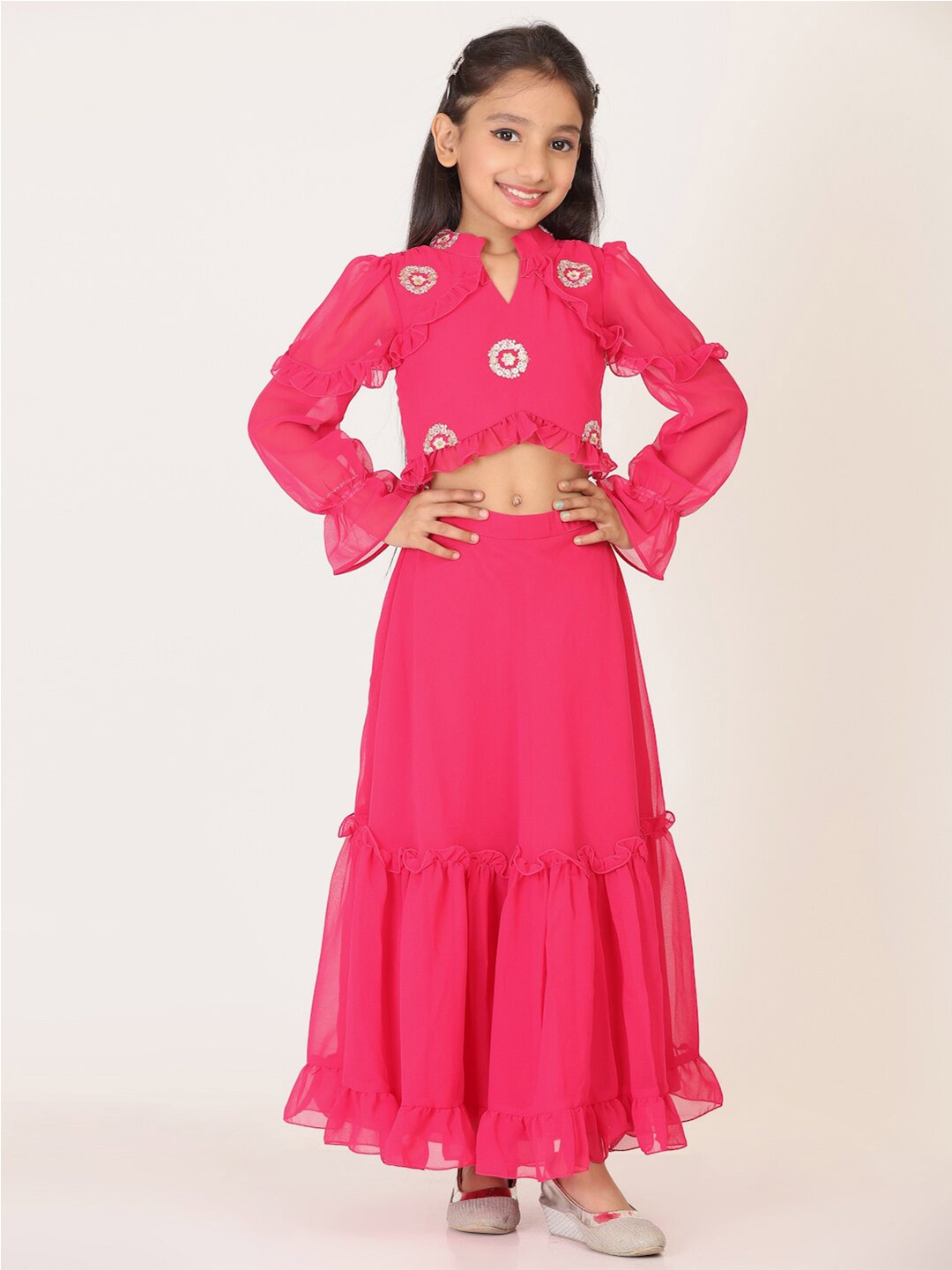 

Ethnovog Girls Embellished Crop Trop With Skirt, Pink