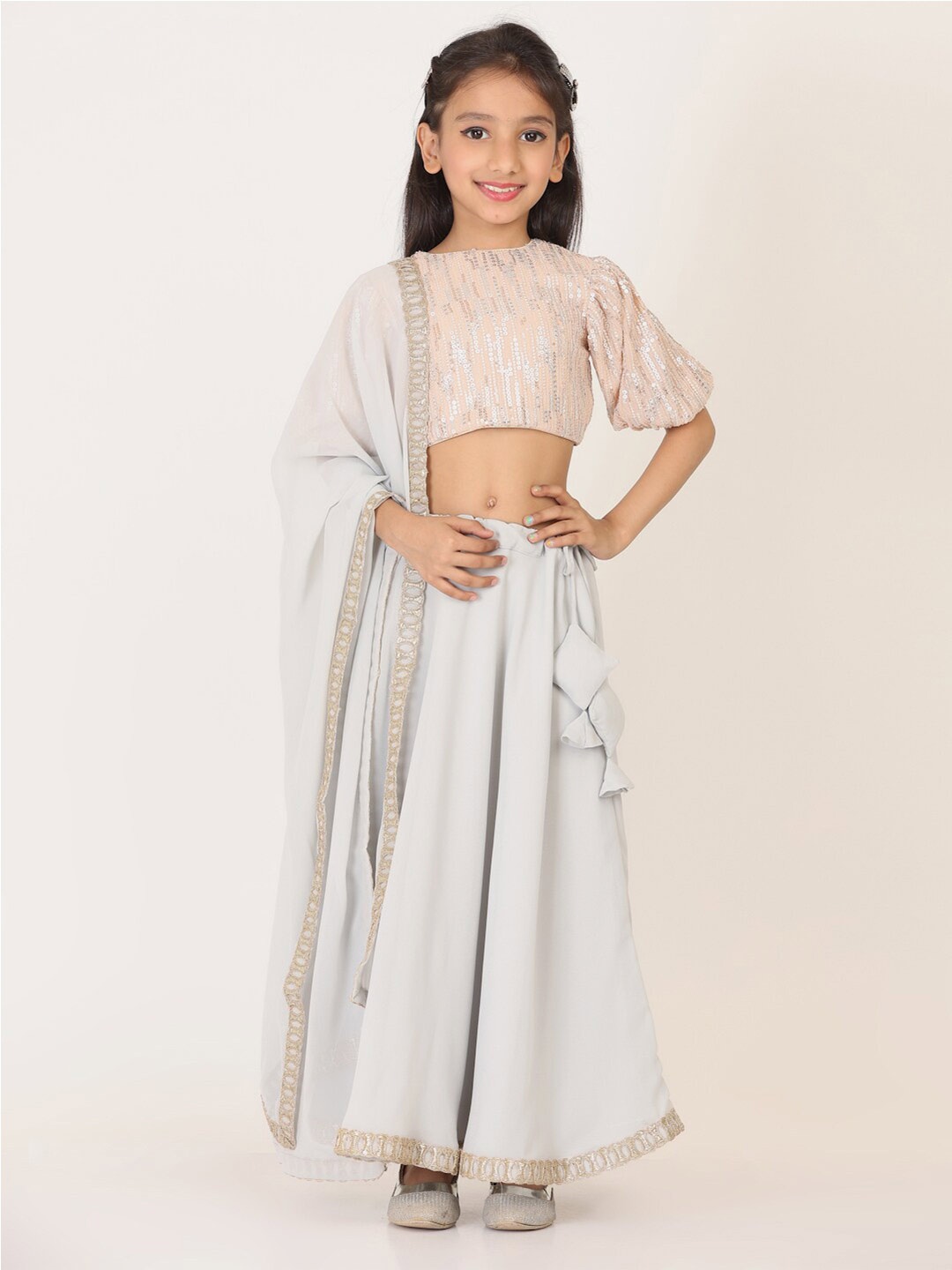 

Ethnovog Girls Embroidered Ready to Wear Lehenga & Blouse With Dupatta, Peach