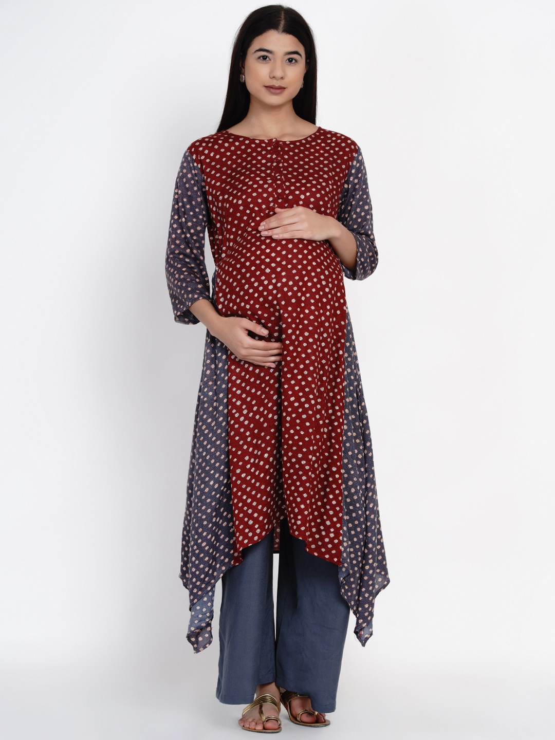 

SIDE KNOT Maternity Polka Dots Printed Tie-Up Neck Panelled A-Line Kurta, Maroon
