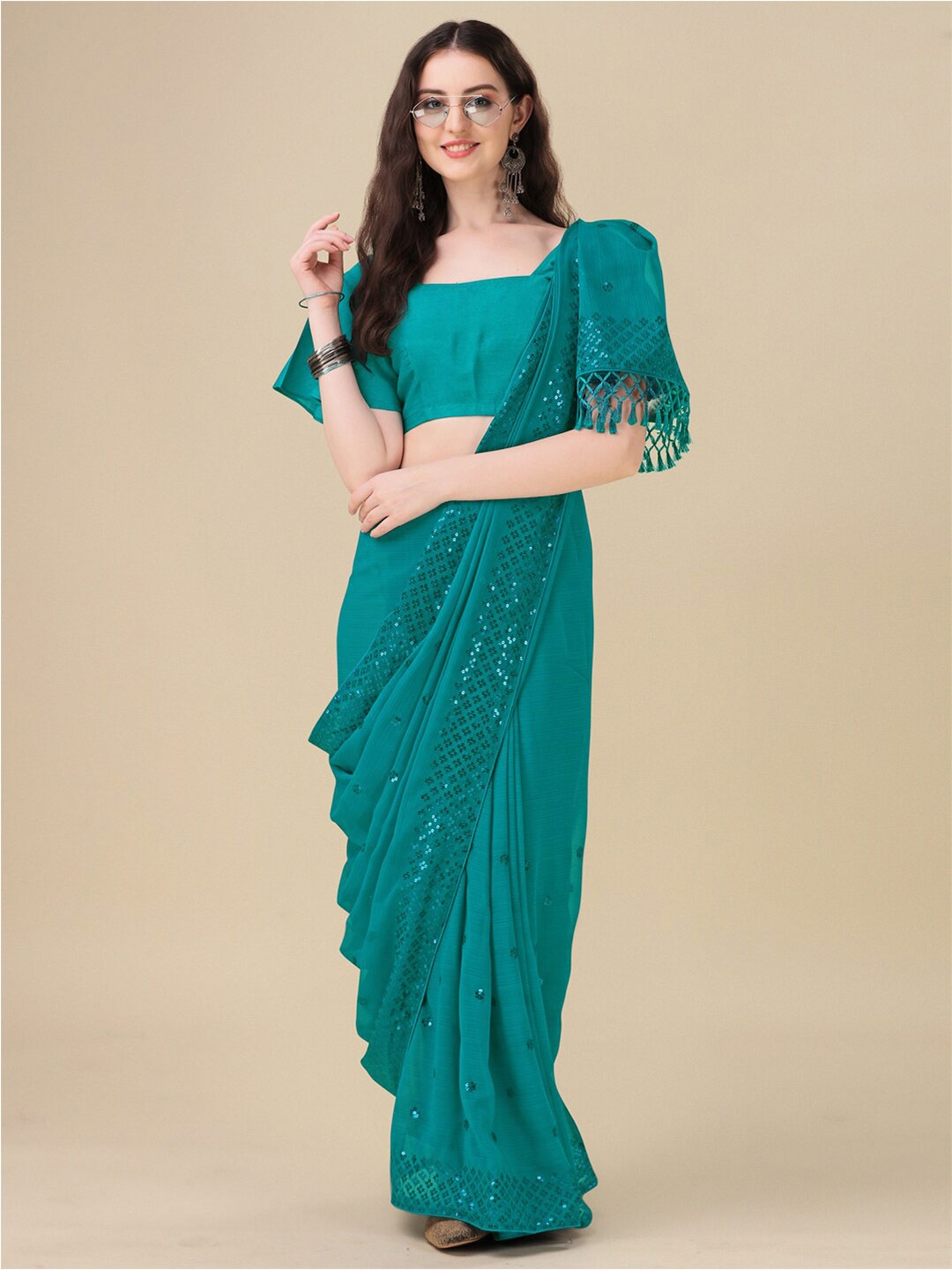 

Mitera Turquoise Blue & Silver-Toned Embellished Sequinned Pure Georgette Saree