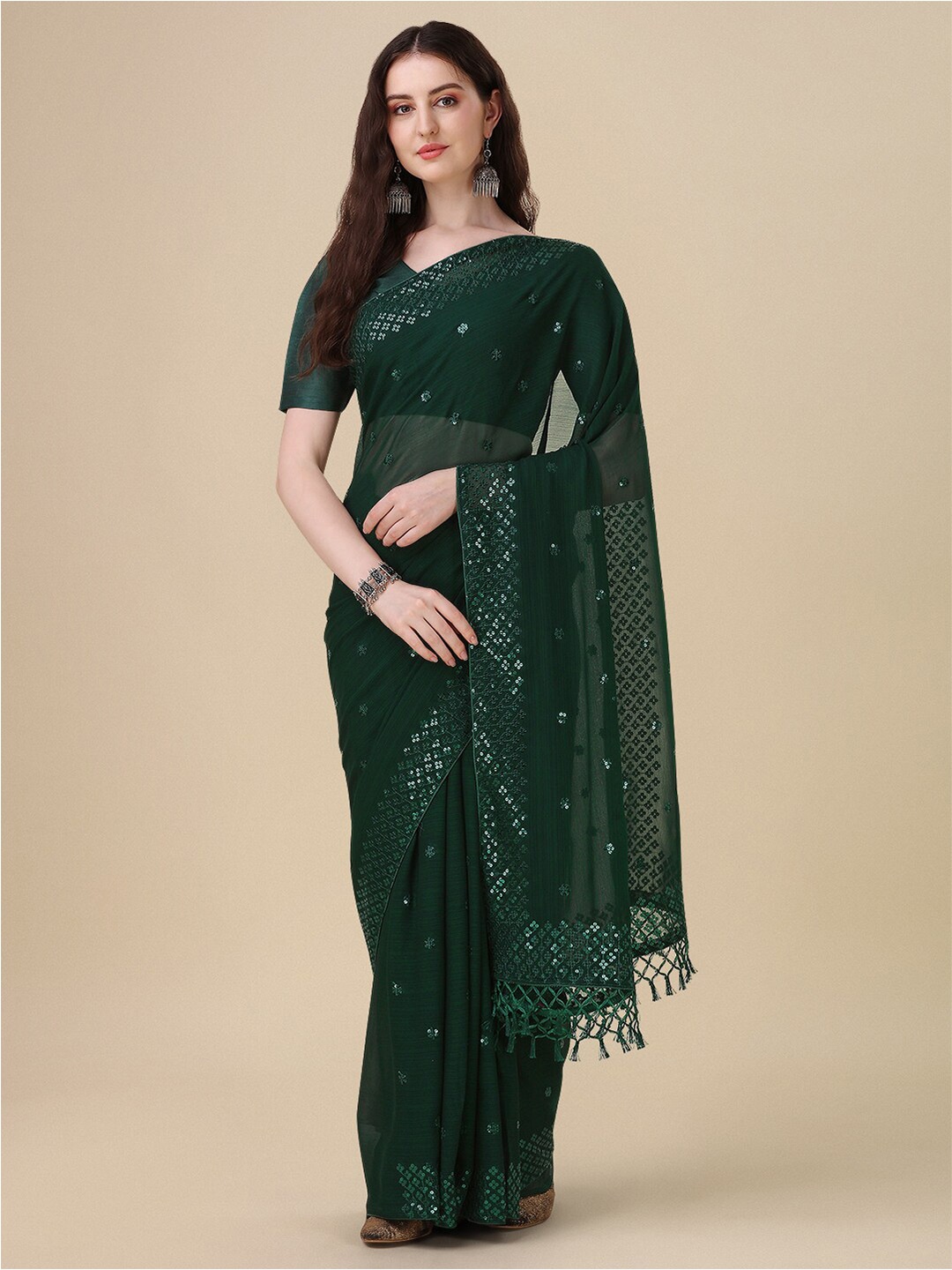 

Mitera Green & Silver-Toned Embellished Sequinned Pure Georgette Saree