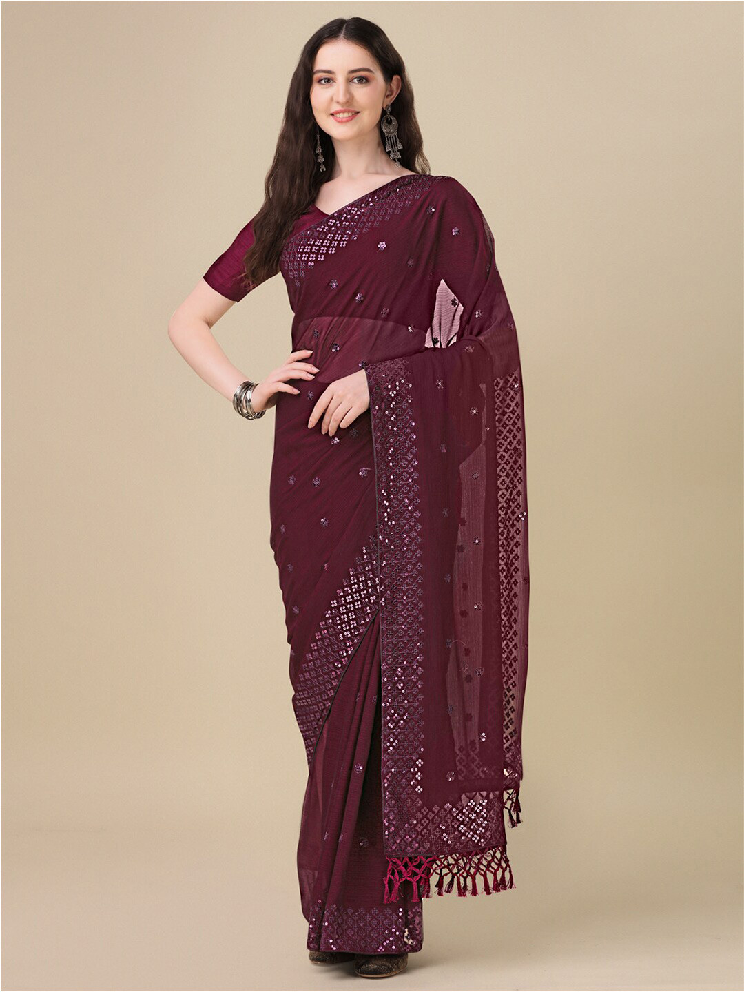

Mitera Purple & Silver-Toned Embellished Sequinned Pure Georgette Saree