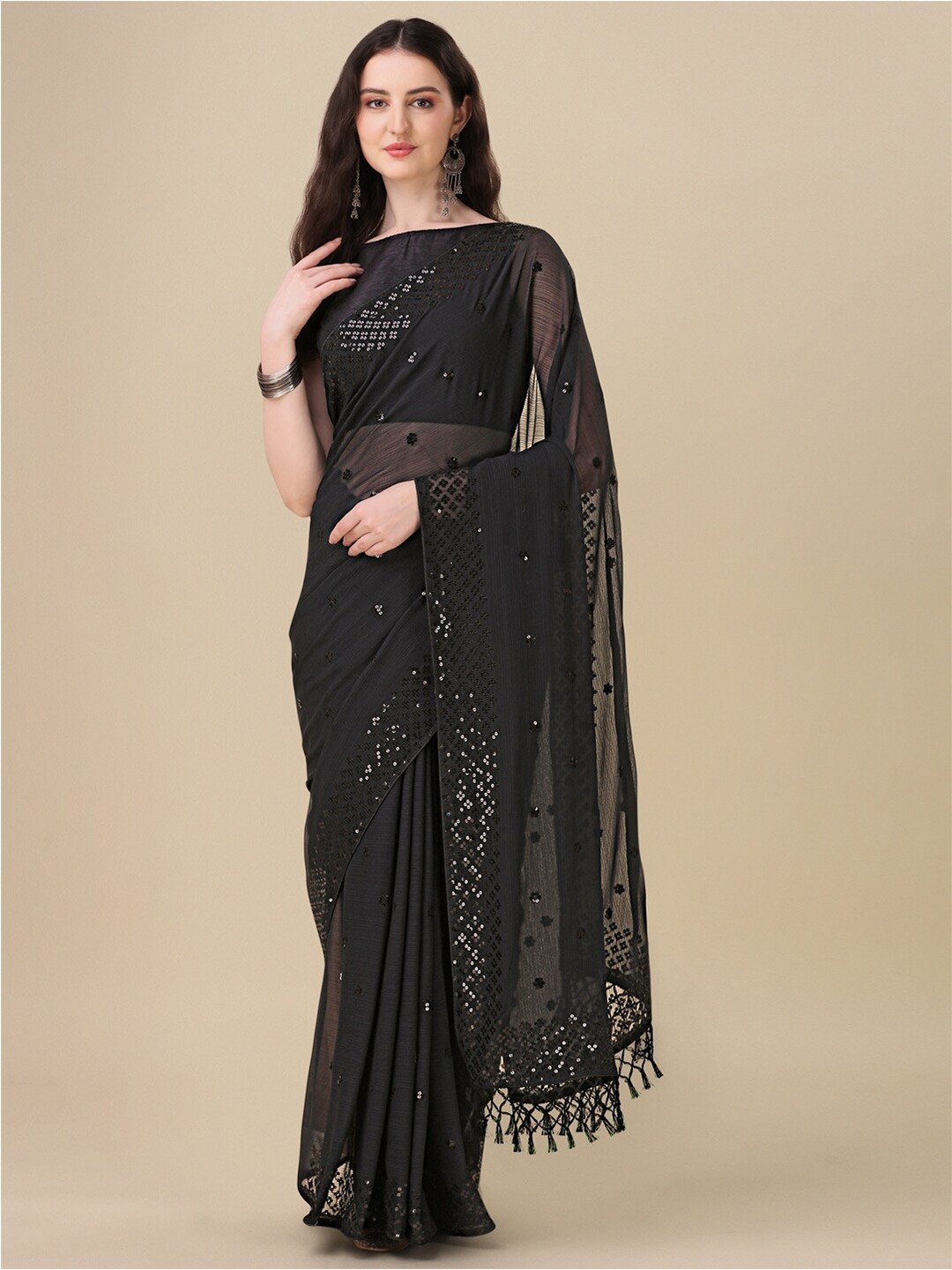 

Mitera Black & Silver-Toned Embellished Sequinned Pure Georgette Saree