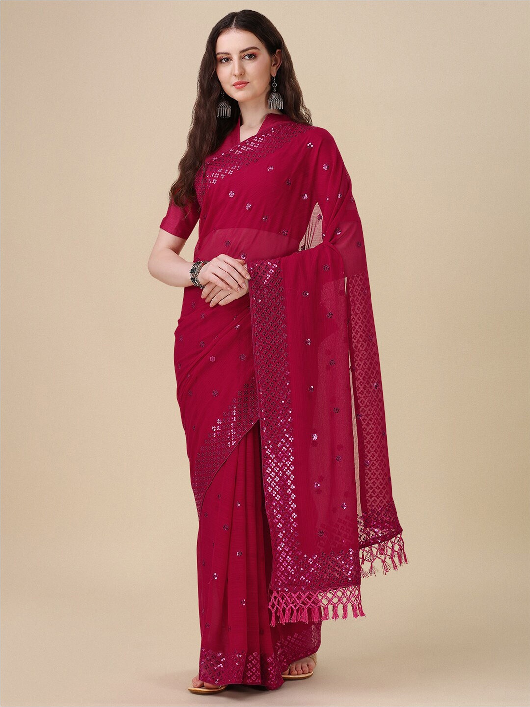 

Mitera Pink & Silver-Toned Embellished Sequinned Pure Georgette Saree